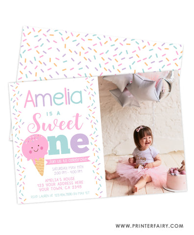 Ice Cream First Birthday Party Invitation with Photo