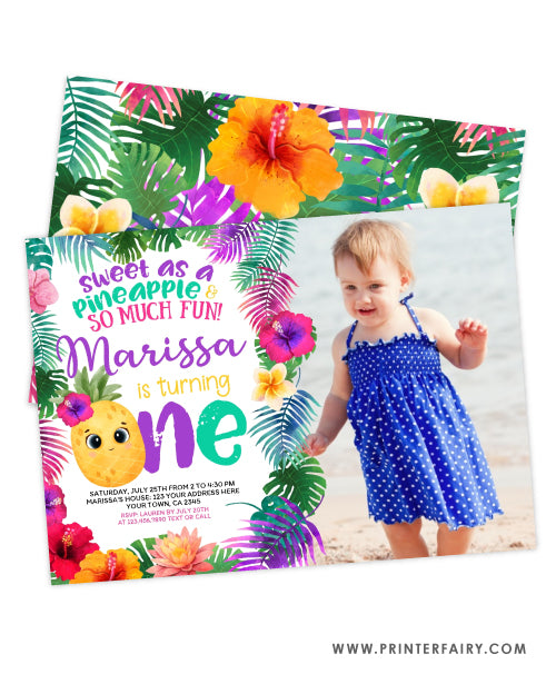 Pineapple First Birthday Party Invitation with photo