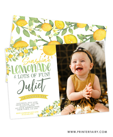 Sunshine Lemonade First Birthday Invitation with Photo