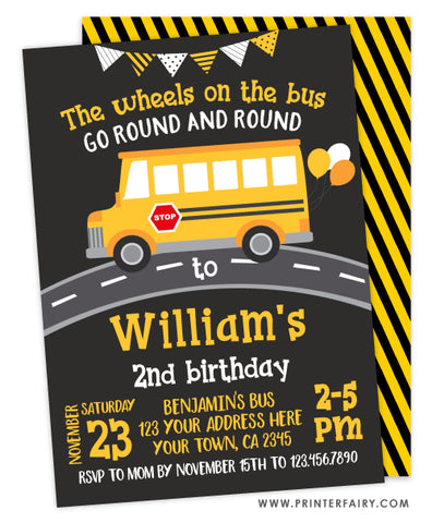 Wheels on the Bus Birthday Party Invitation
