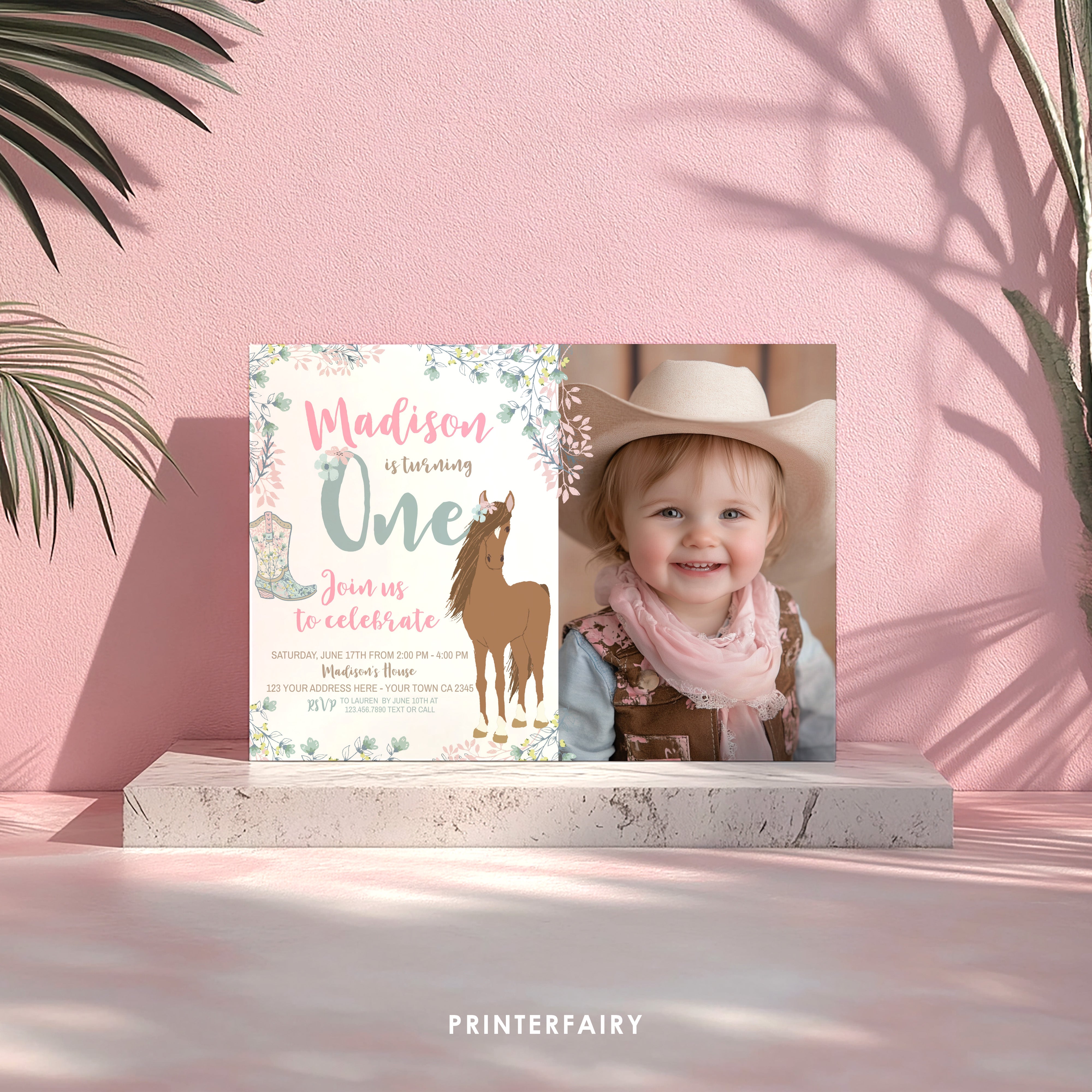 Floral Horse First Birthday Invitation with Photo