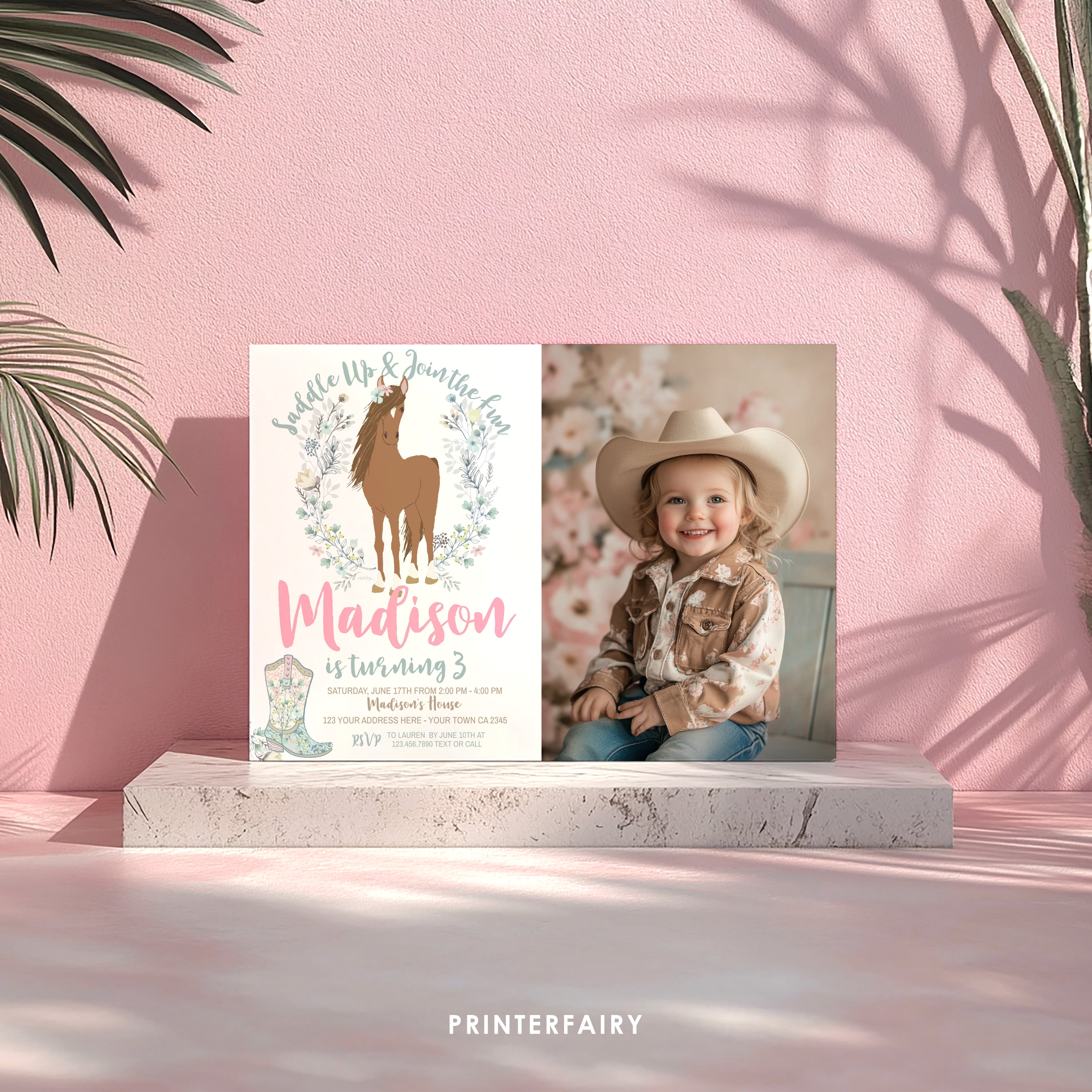 Floral Horse Birthday Invitation with Photo