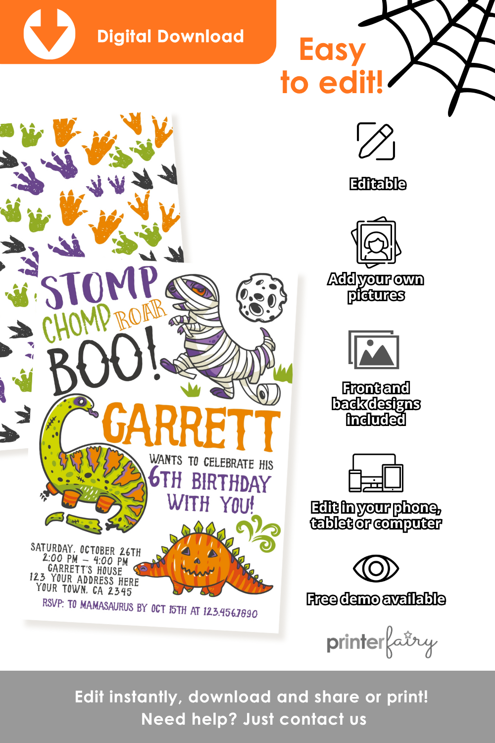 Dinosaurs Halloween Birthday Invitation