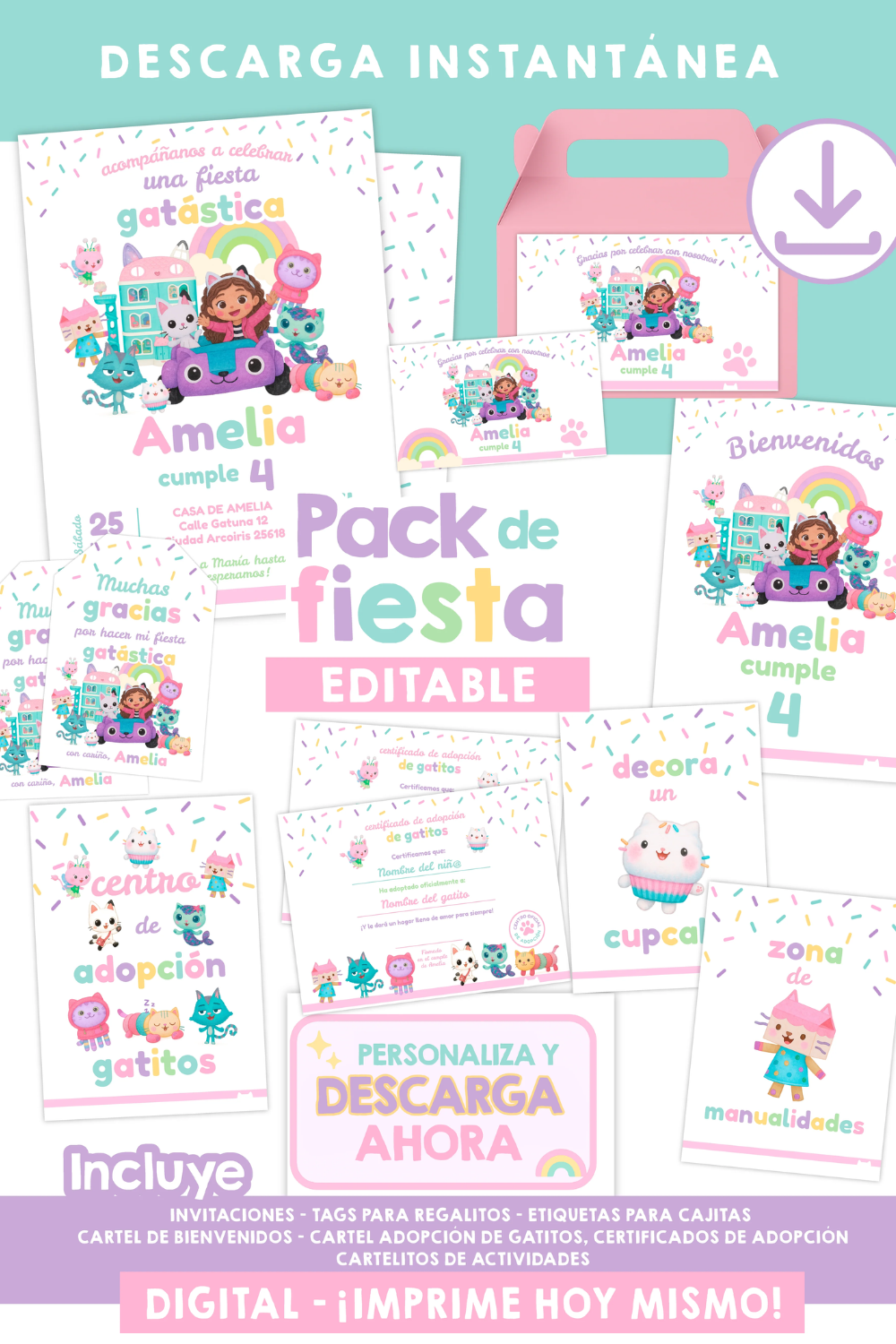 Pack imprimible de cumpleaños Gatástico – Editable y descarga instantánea