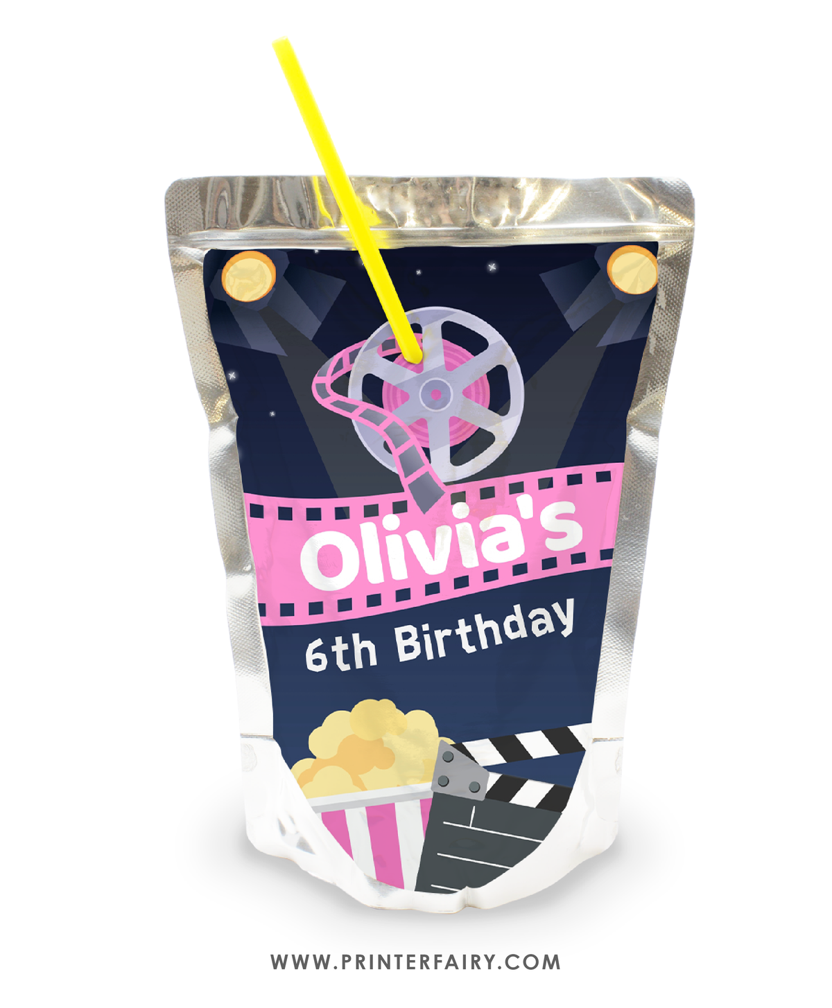 Movie Night Birthday Party Drink Pouch Label