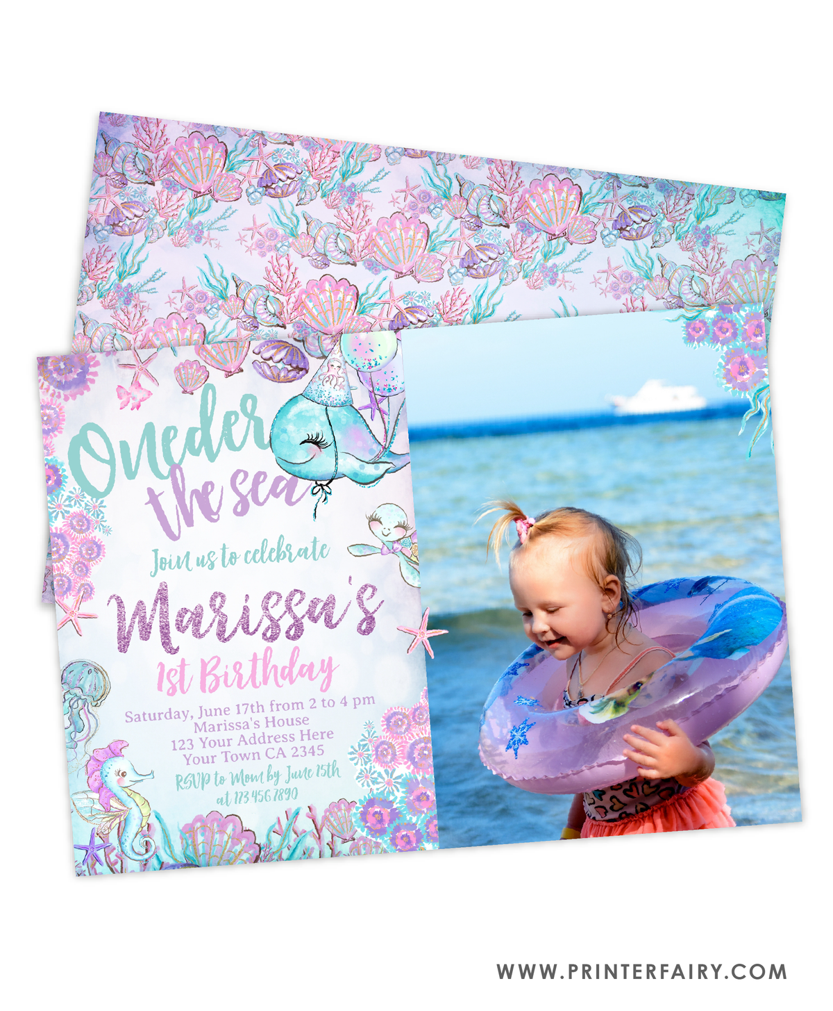 Under The Sea First Birthday Invitation with photo