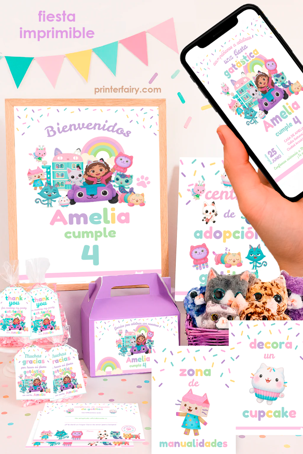 Pack imprimible de cumpleaños Gatástico – Editable y descarga instantánea