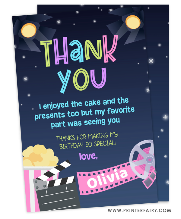 Movie Night Birthday Party Thank You Card