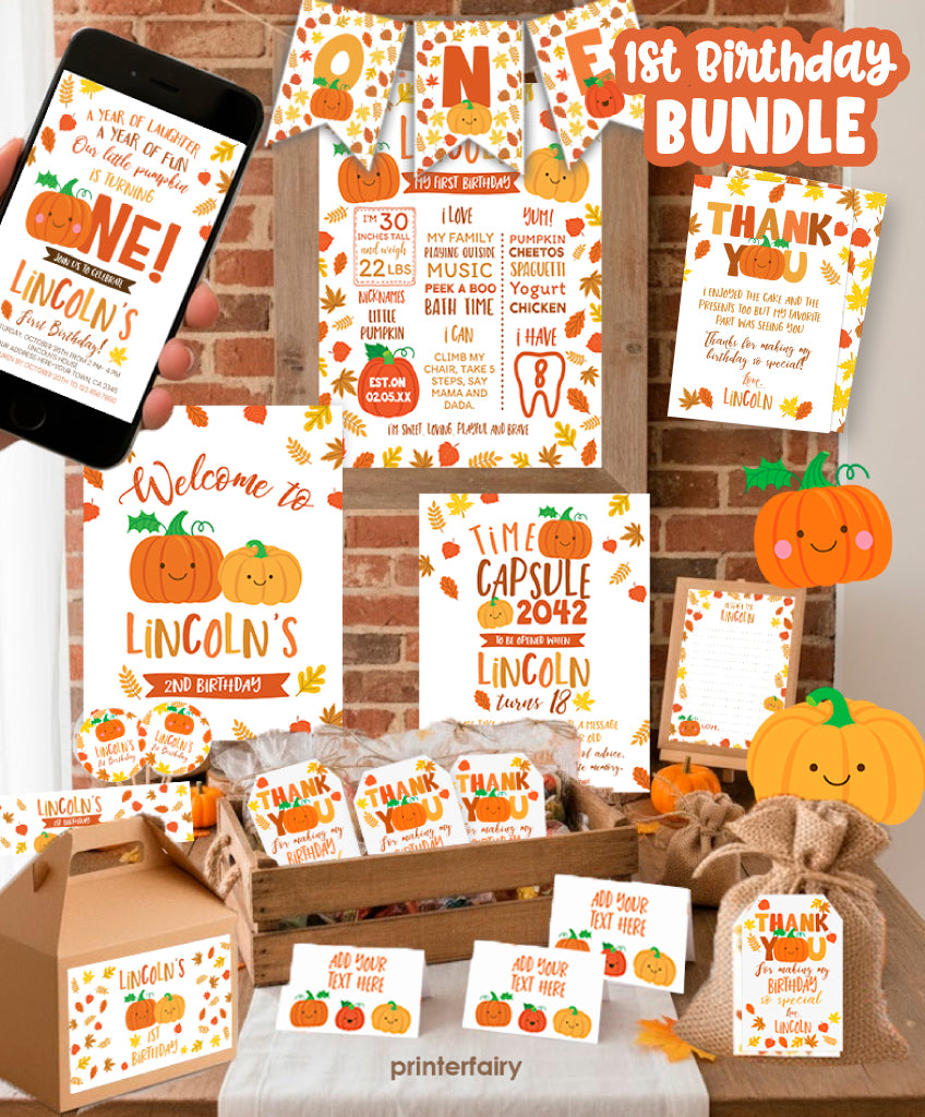 Little Pumpkin 1st Birthday Editable Template Bundle