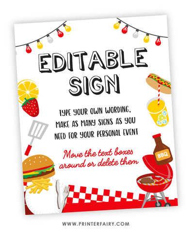 BBQ Birthday Party Editable Sign Template