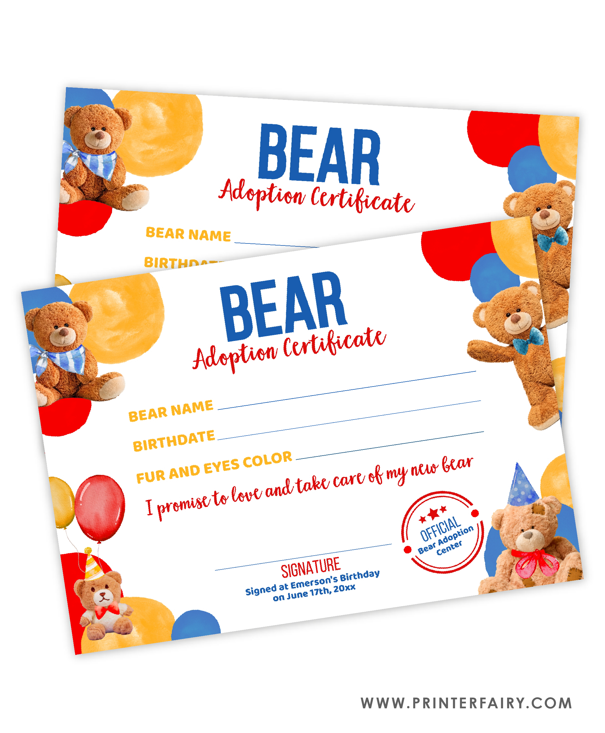 Bear Adoption Sign and Certificate