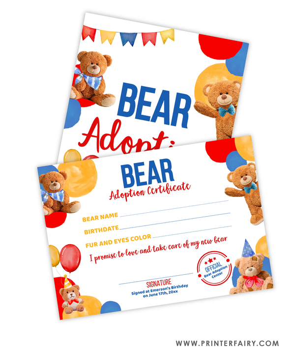 Bear Adoption Sign and Certificate