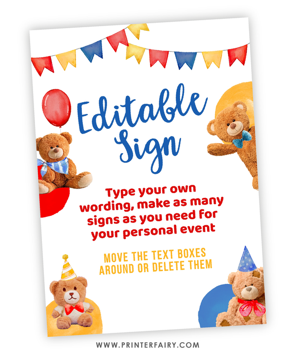 Bear Birthday Party Editable Sign