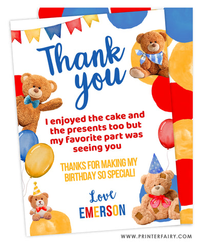 Bear Birthday Party Thank You Card