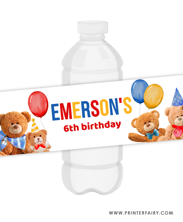 Bear Birthday Party Water Bottle Label