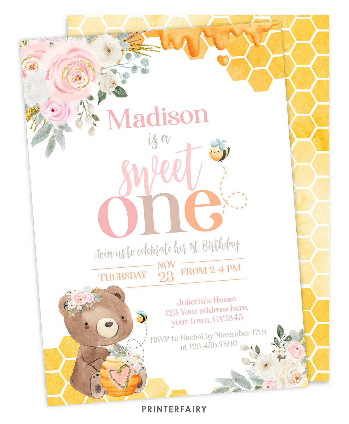 Bees & Bear 1st Birthday Invitation