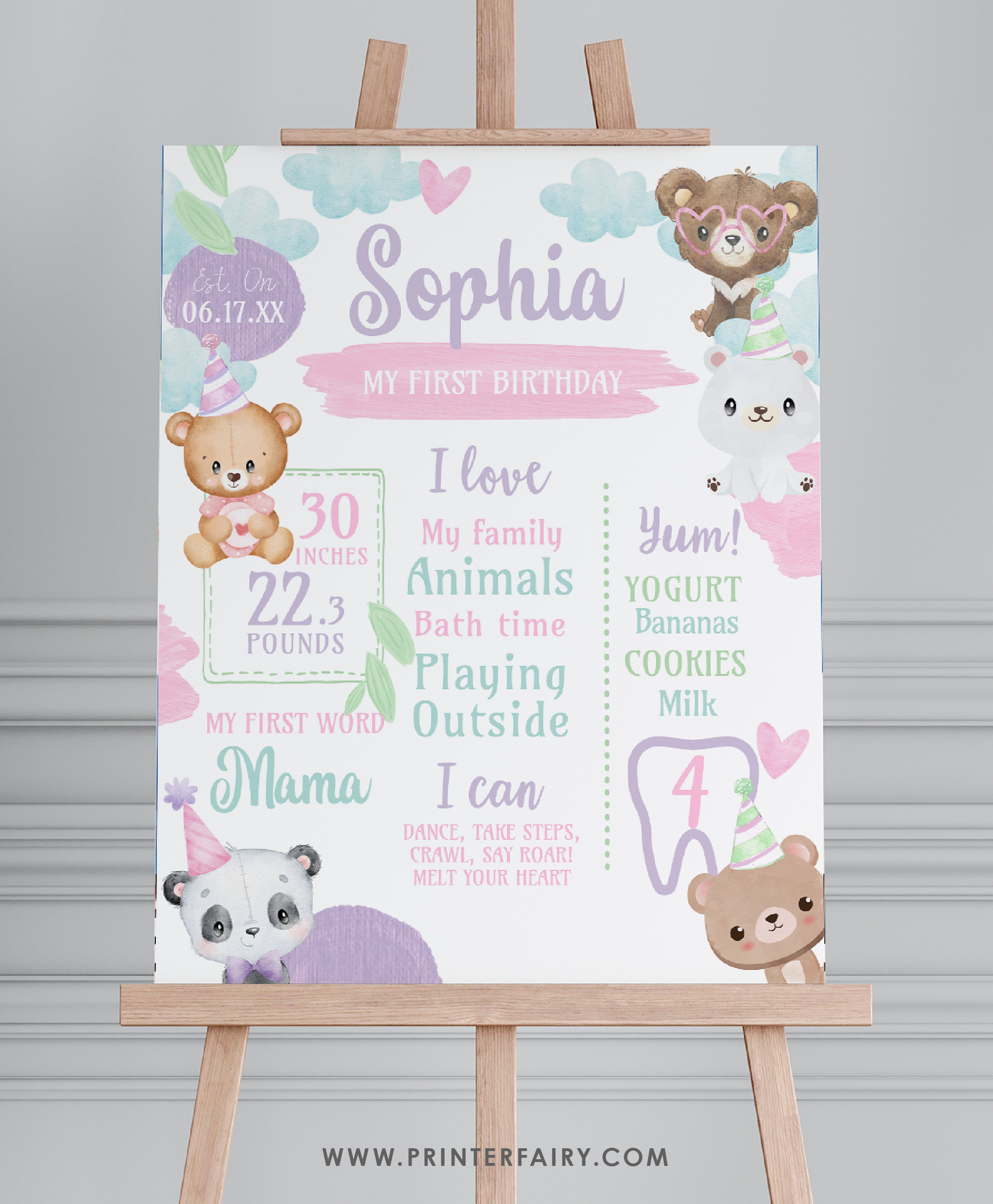 Bear First Birthday Milestones Sign