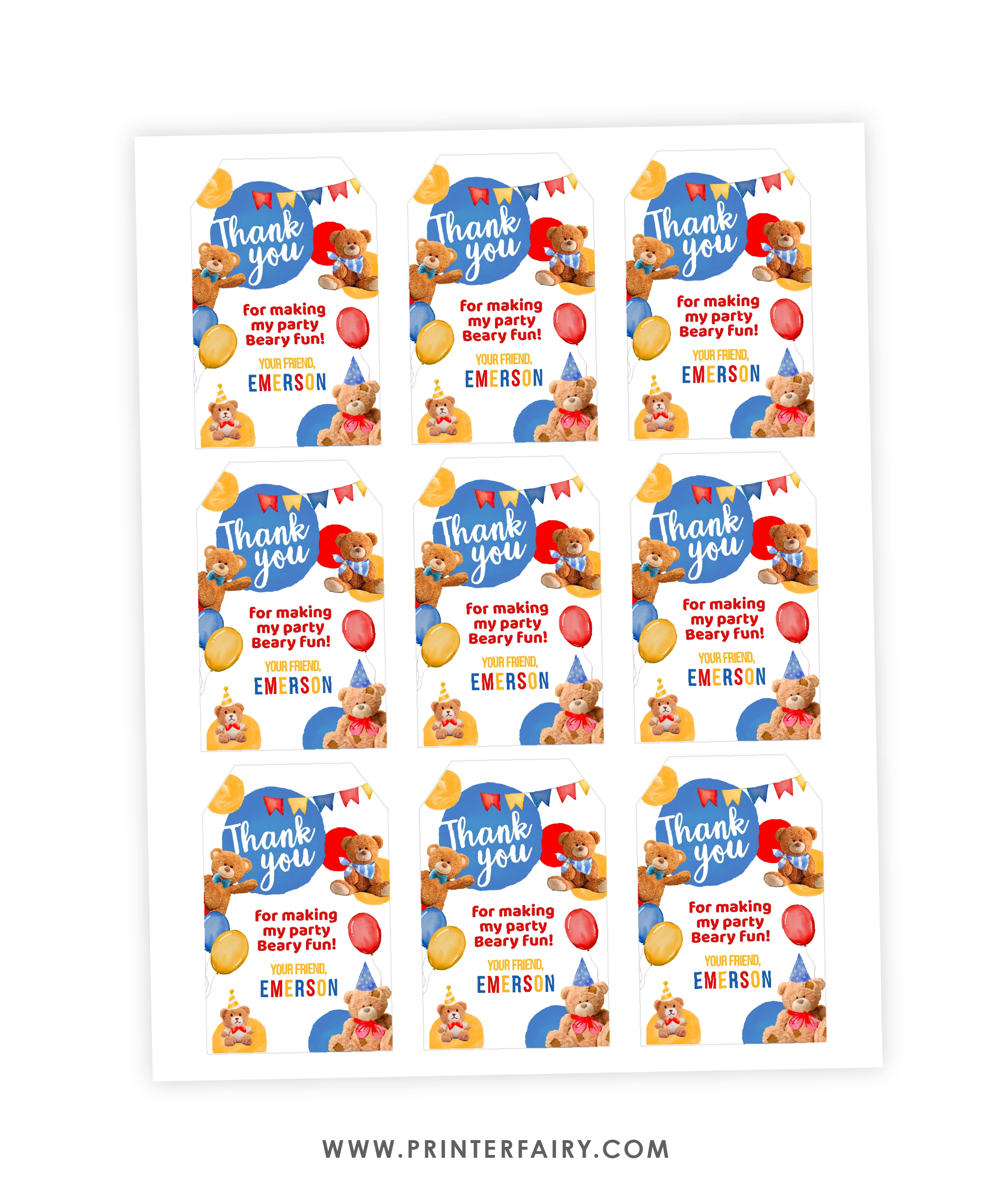 Bear Birthday Party Thank You Tags