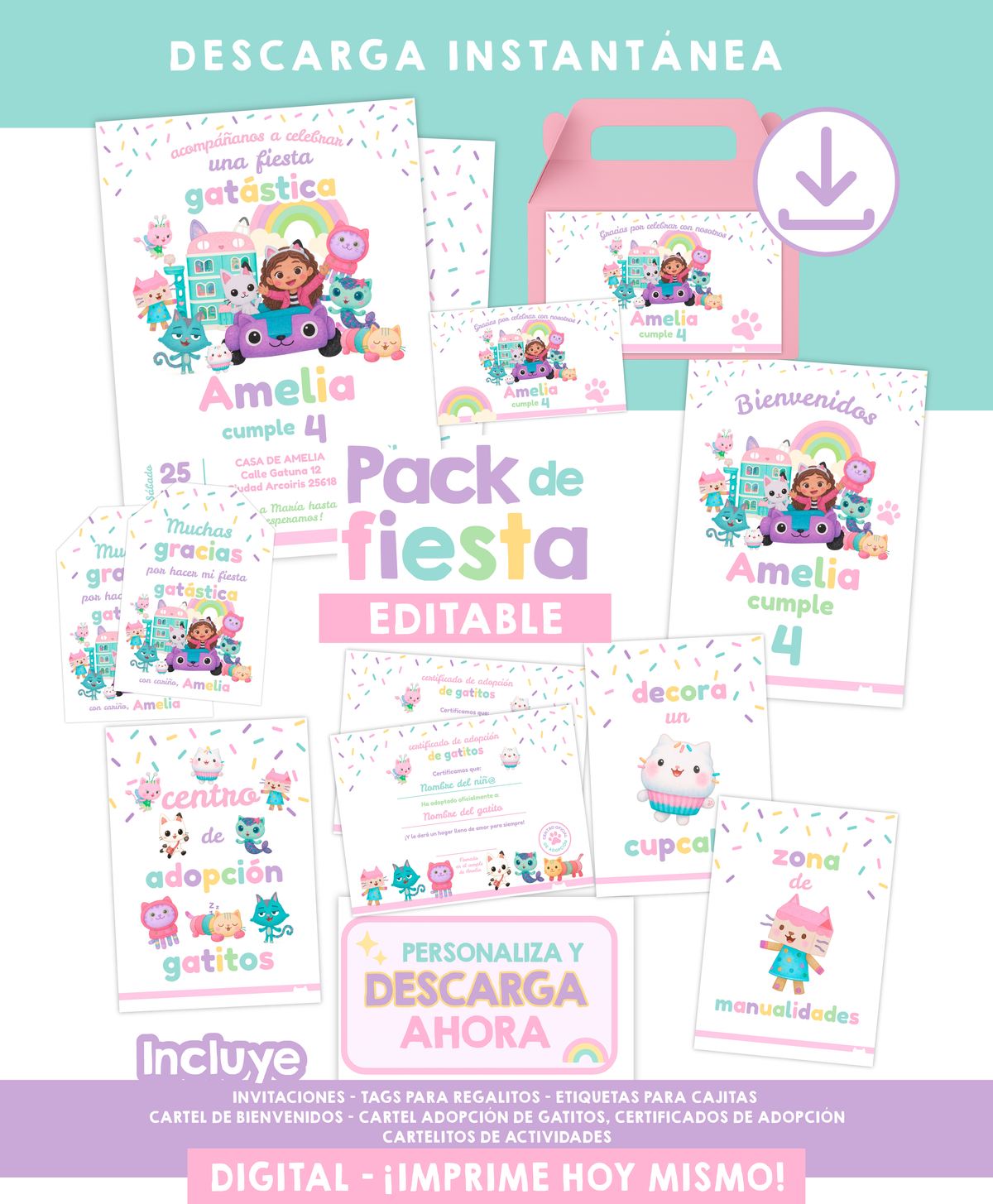 Pack imprimible de cumpleaños Gatástico – Editable y descarga instantánea