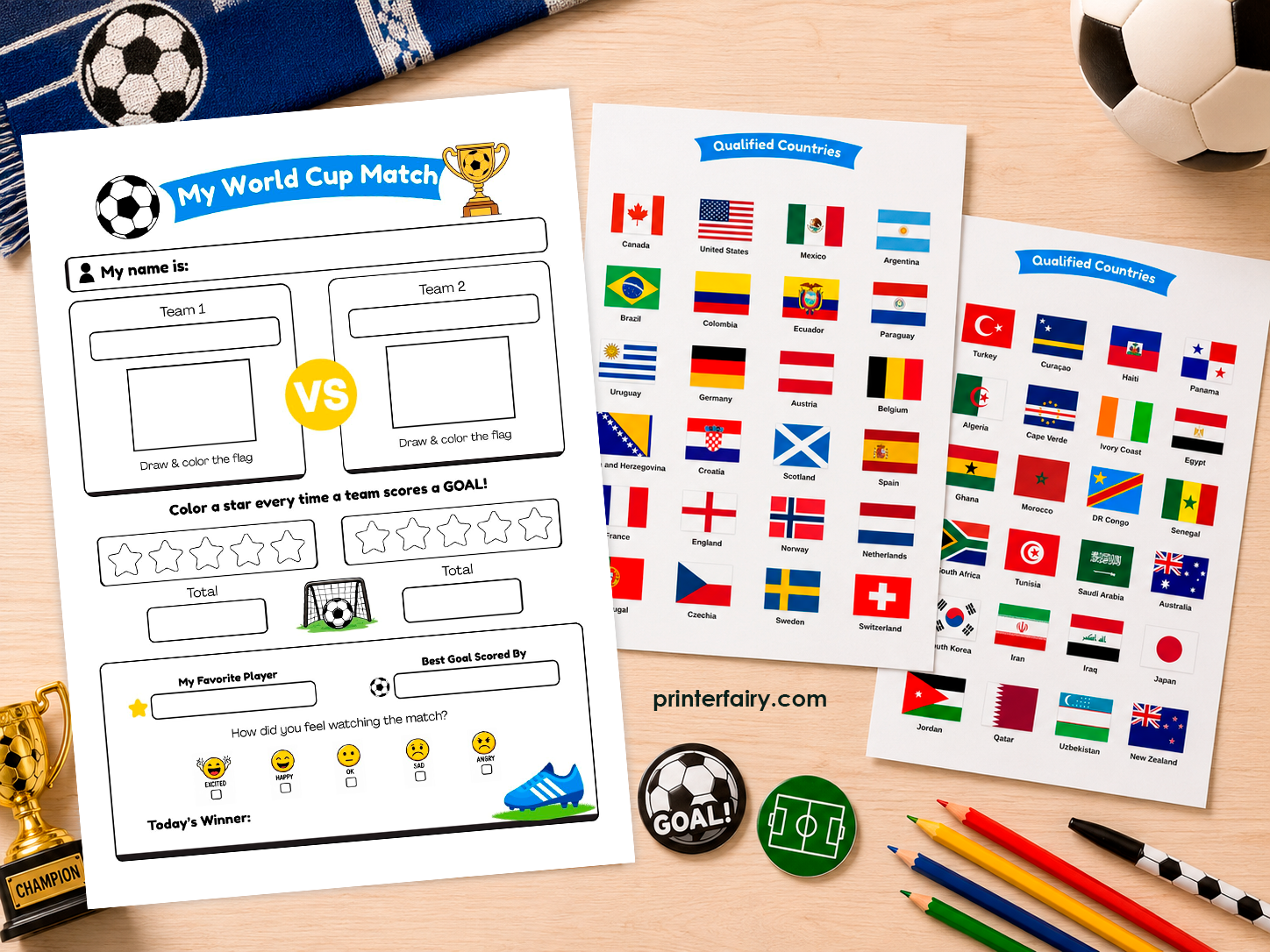 2026 World Cup Printable Activity Sheet for Kids, Soccer Match Tracker, Qualified Country Flags, Soccer Party Game PDF JPG Digital Download