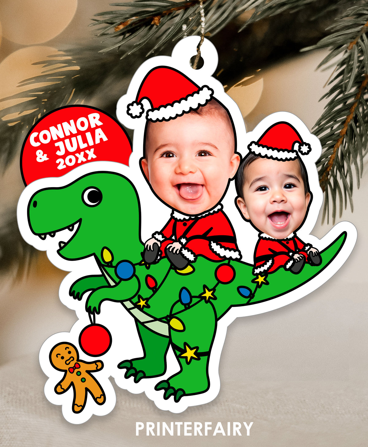 Christmas Dinosaur Ornaments for Siblings with Photo