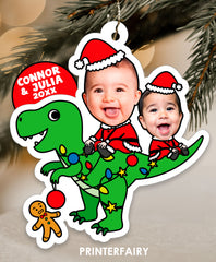 Christmas Dinosaur Ornaments for Siblings with Photo