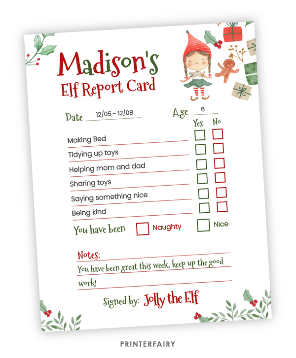 Christmas Elf Report Card
