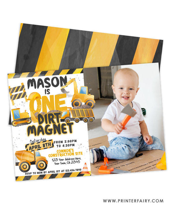 Construction First Birthday Invitation with Photo