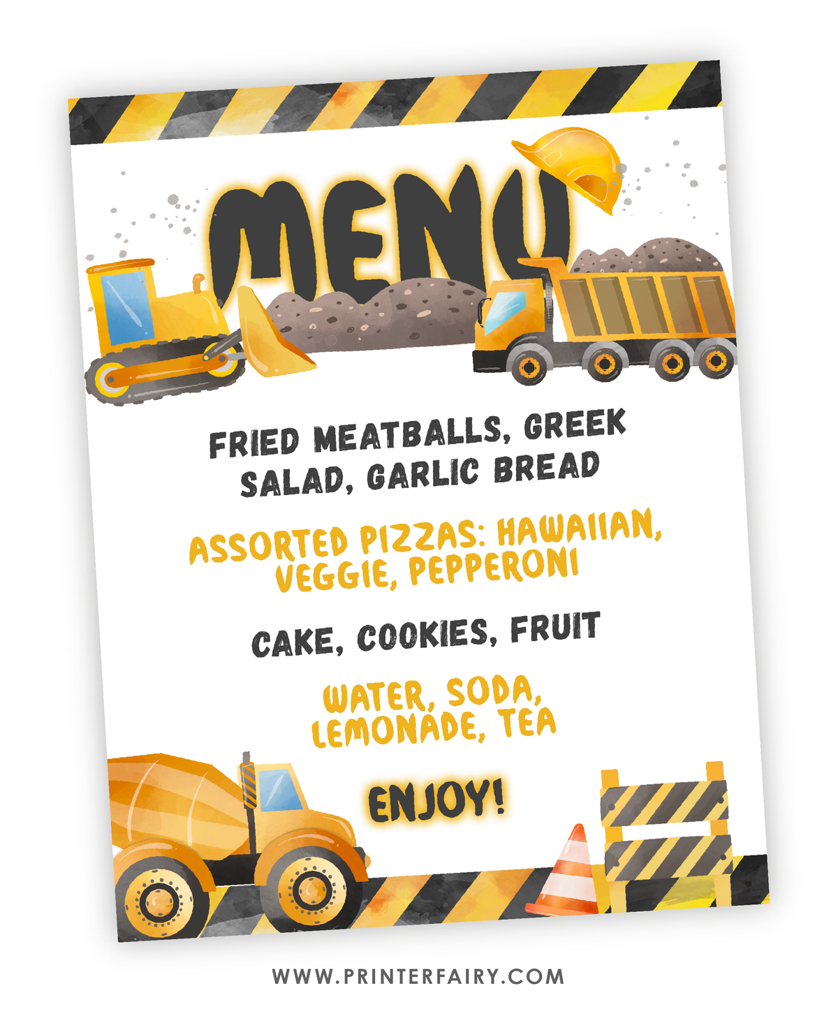 Construction Birthday Party Menu