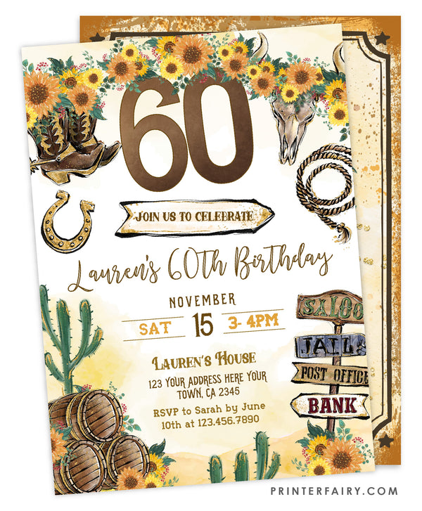 Cowgirl 60th Birthday Invitation