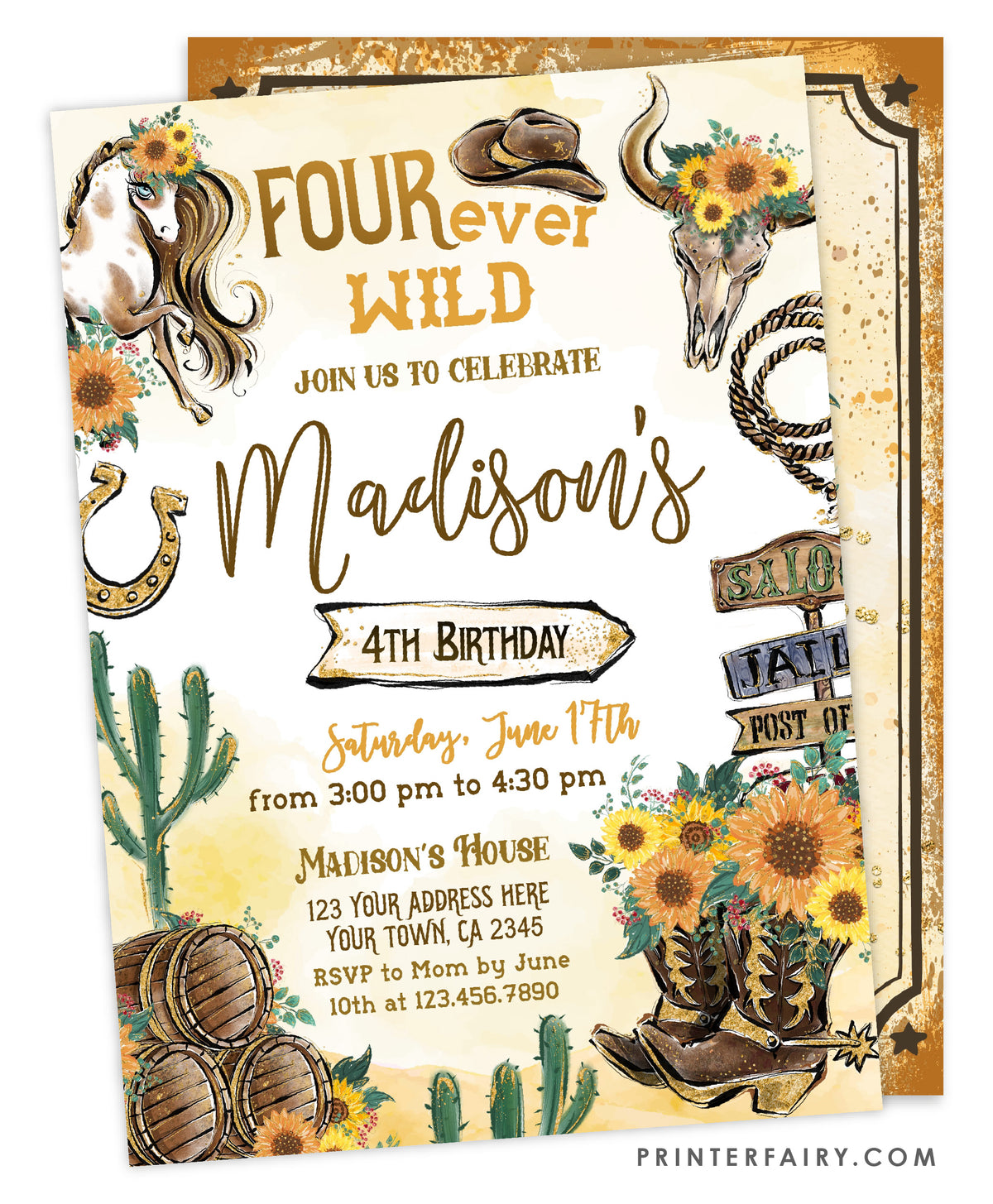 Cowgirl Fourth Birthday Invitation