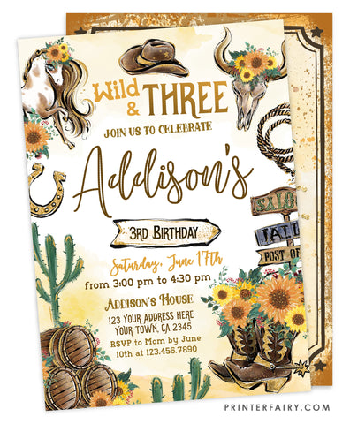 Cowgirl Third Birthday Invitation