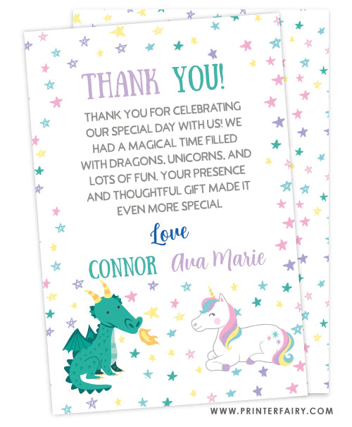 Dragon & Unicorn Birthday Party Thank You Card (white background)