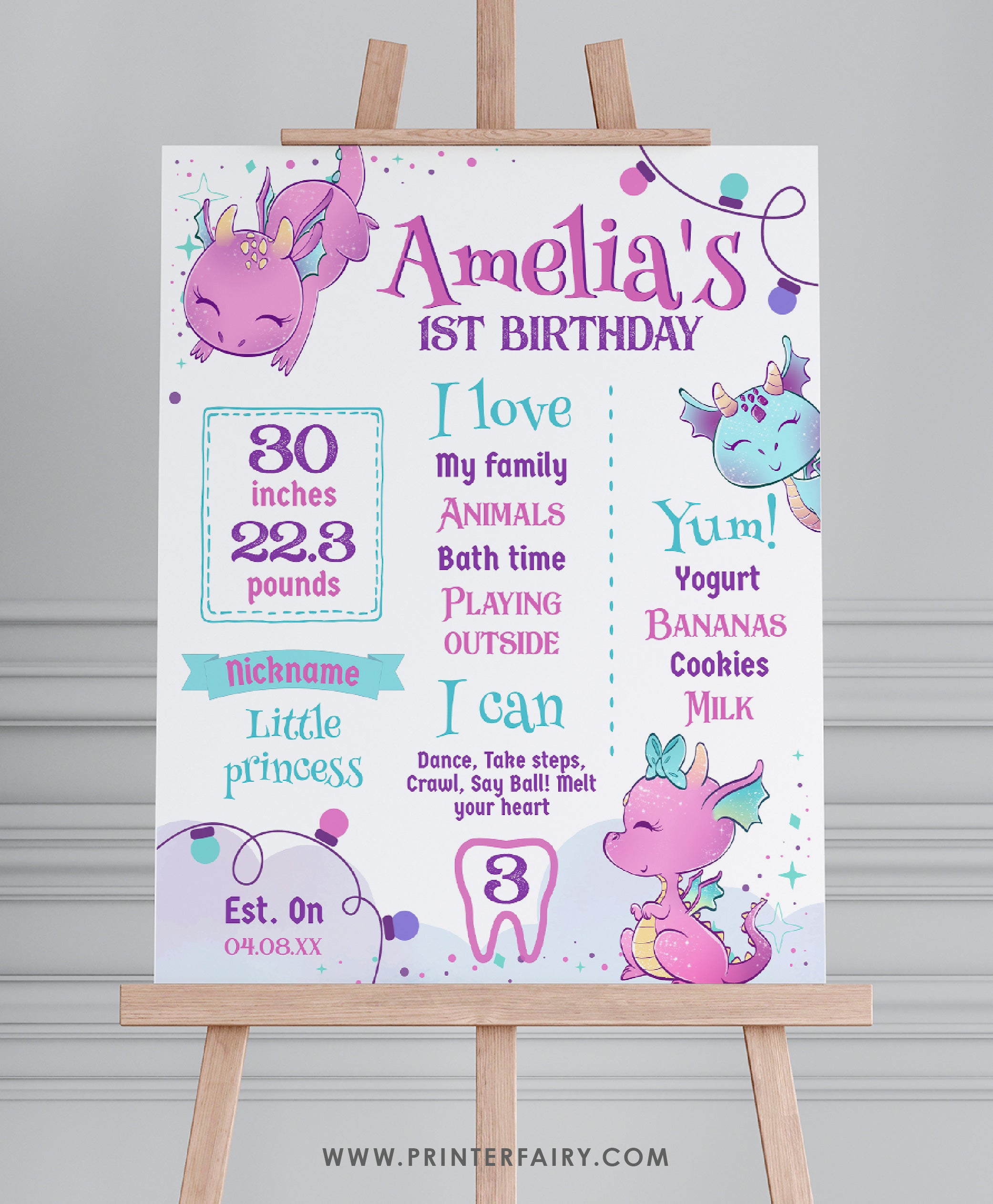 Dragon First Birthday Party Board