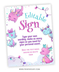 Dragon Birthday Party Editable Sign