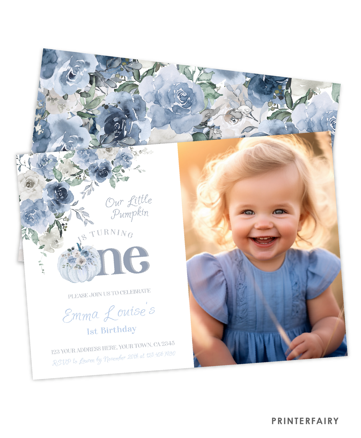 Dusty Blue Pumpkin First Birthday Invitation with Photo