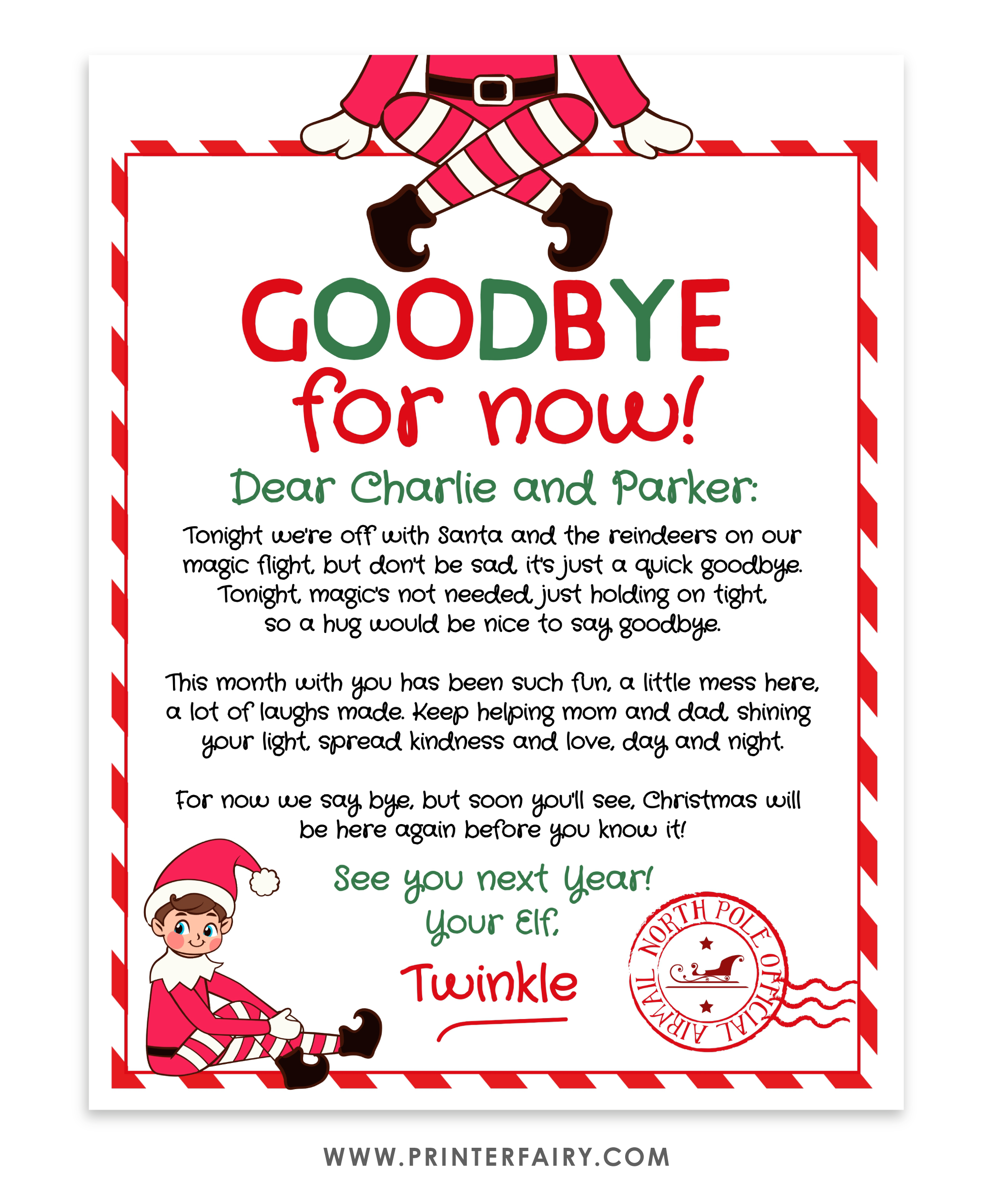 Elf Goodbye for Now printable letter