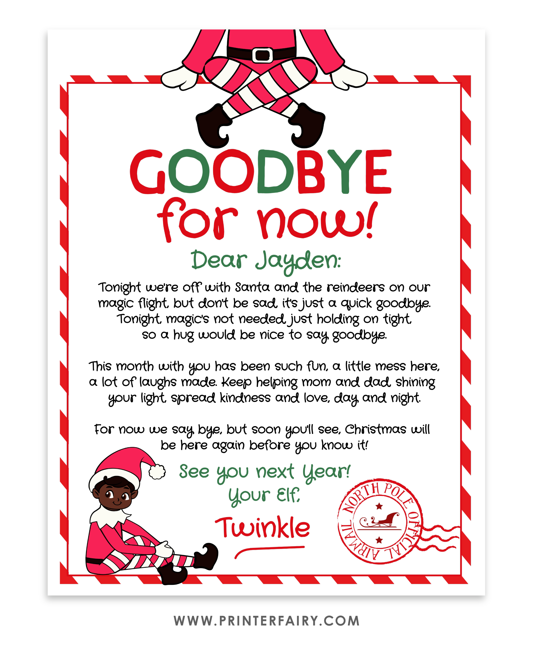 Elf on the Shelf goodbye printable letter