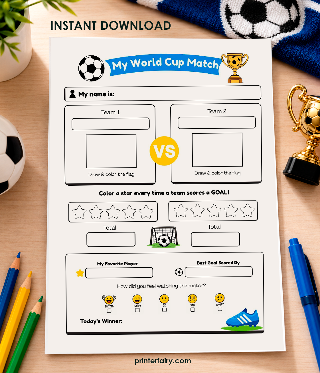 2026 World Cup Printable Activity Sheet for Kids, Soccer Match Tracker, Qualified Country Flags, Soccer Party Game PDF JPG Digital Download