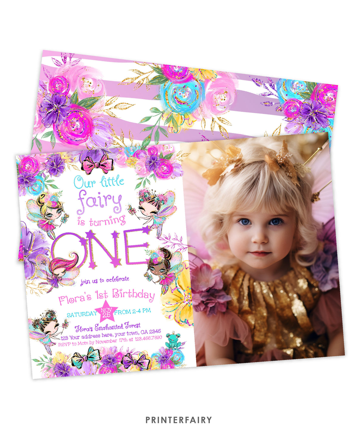 Fairy First Birthday Party Invitation with Photo