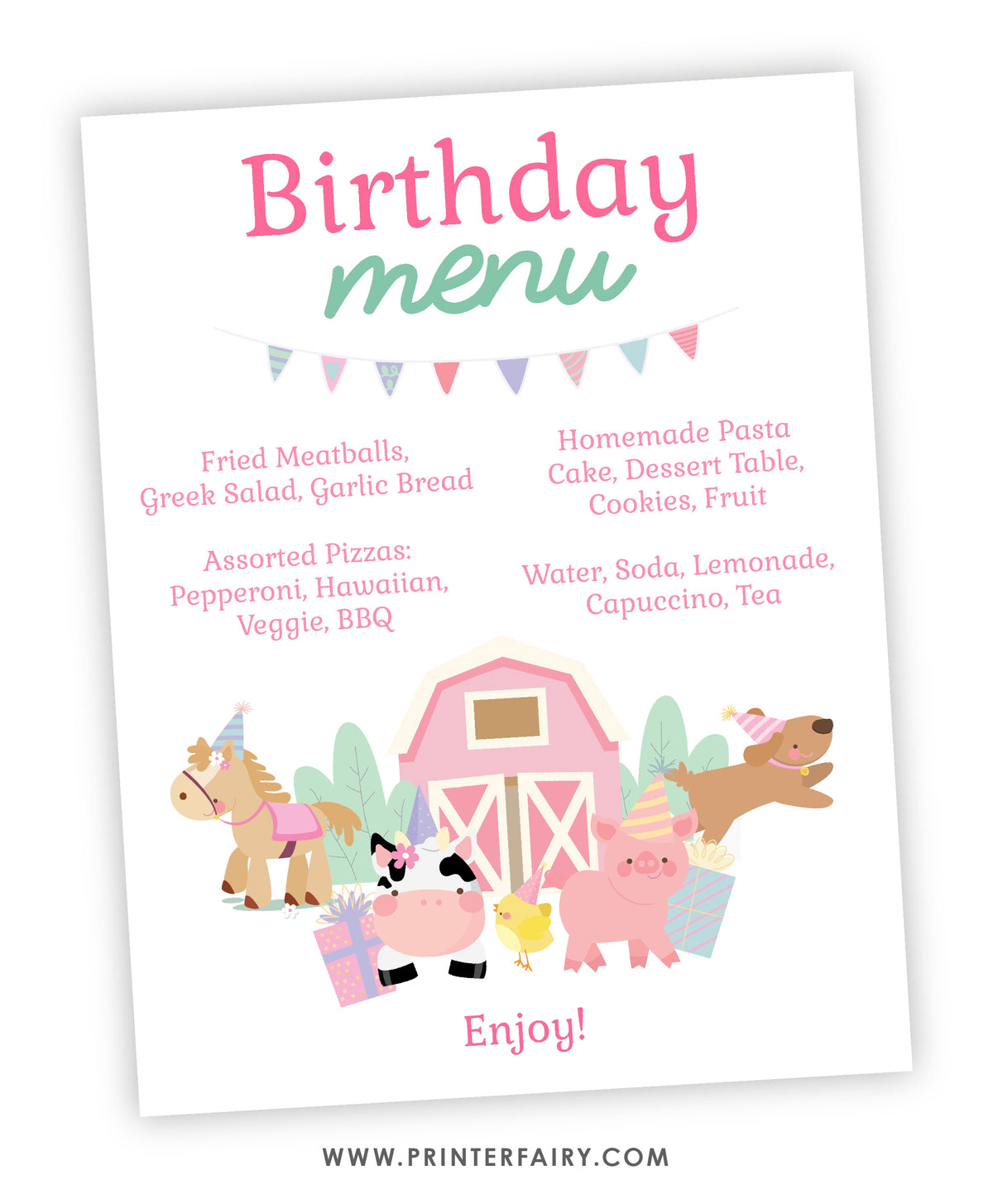 Farm Birthday Party Menu