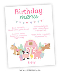 Farm Birthday Party Menu