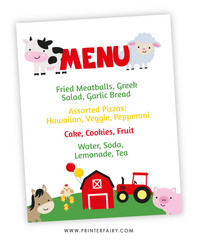 Farm Birthday Party Menu