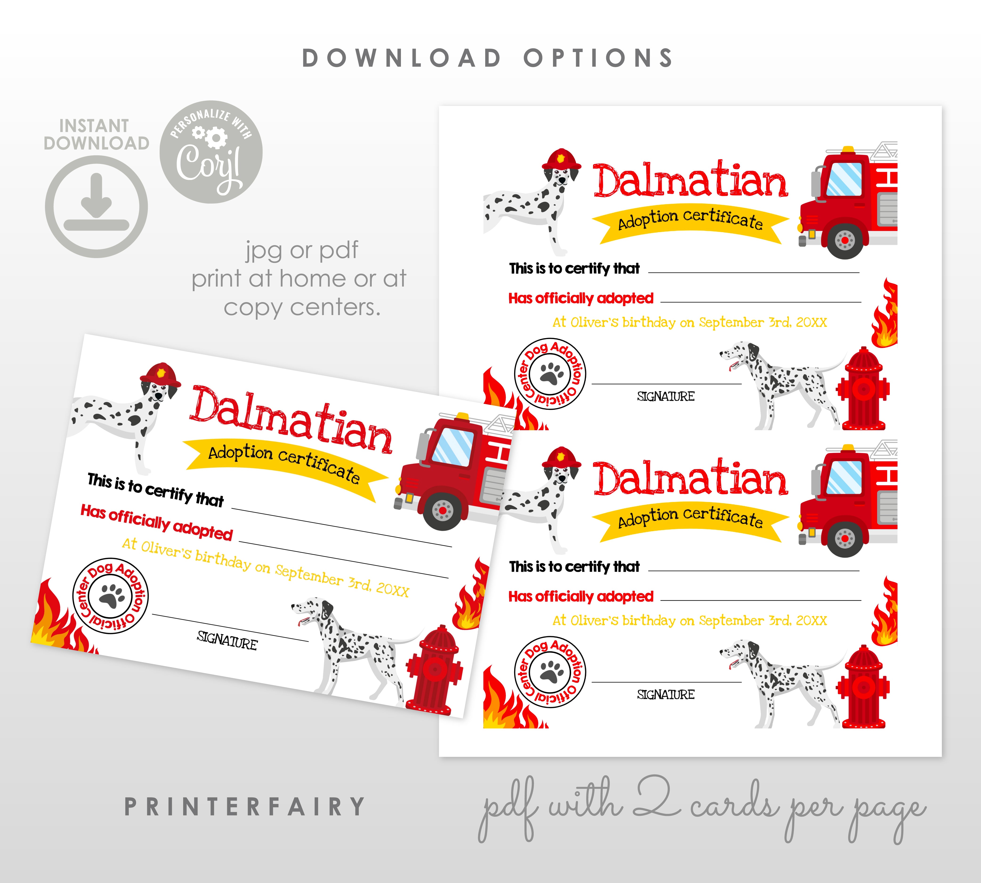 Adopt a Dalmatian Sign and Certificate