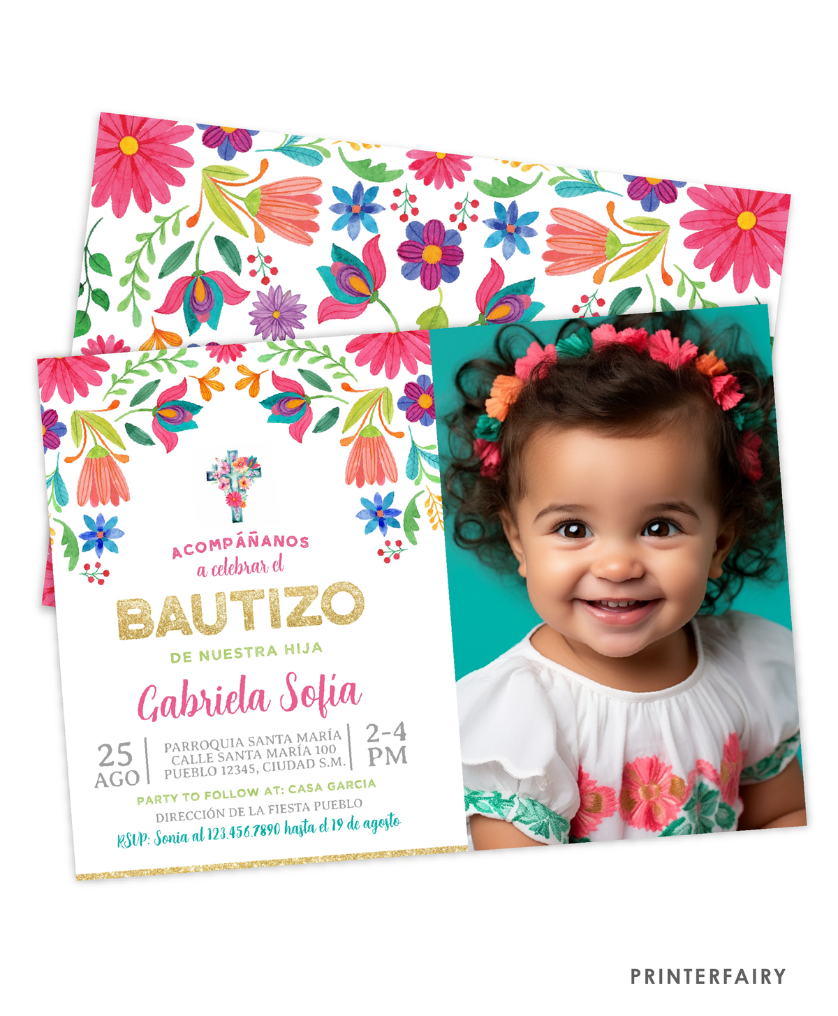 Mexican Flowers Invitación de Bautizo con foto
