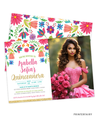 Mexican Flowers Quinceañera Invitation with Photo
