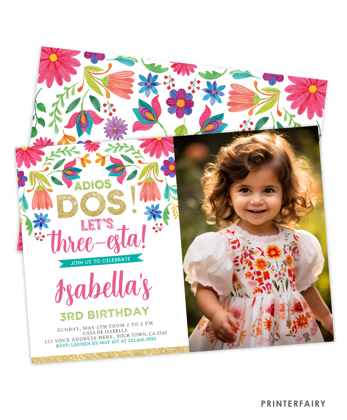 Mexican Flowers Third Fiesta Invitation with Photo