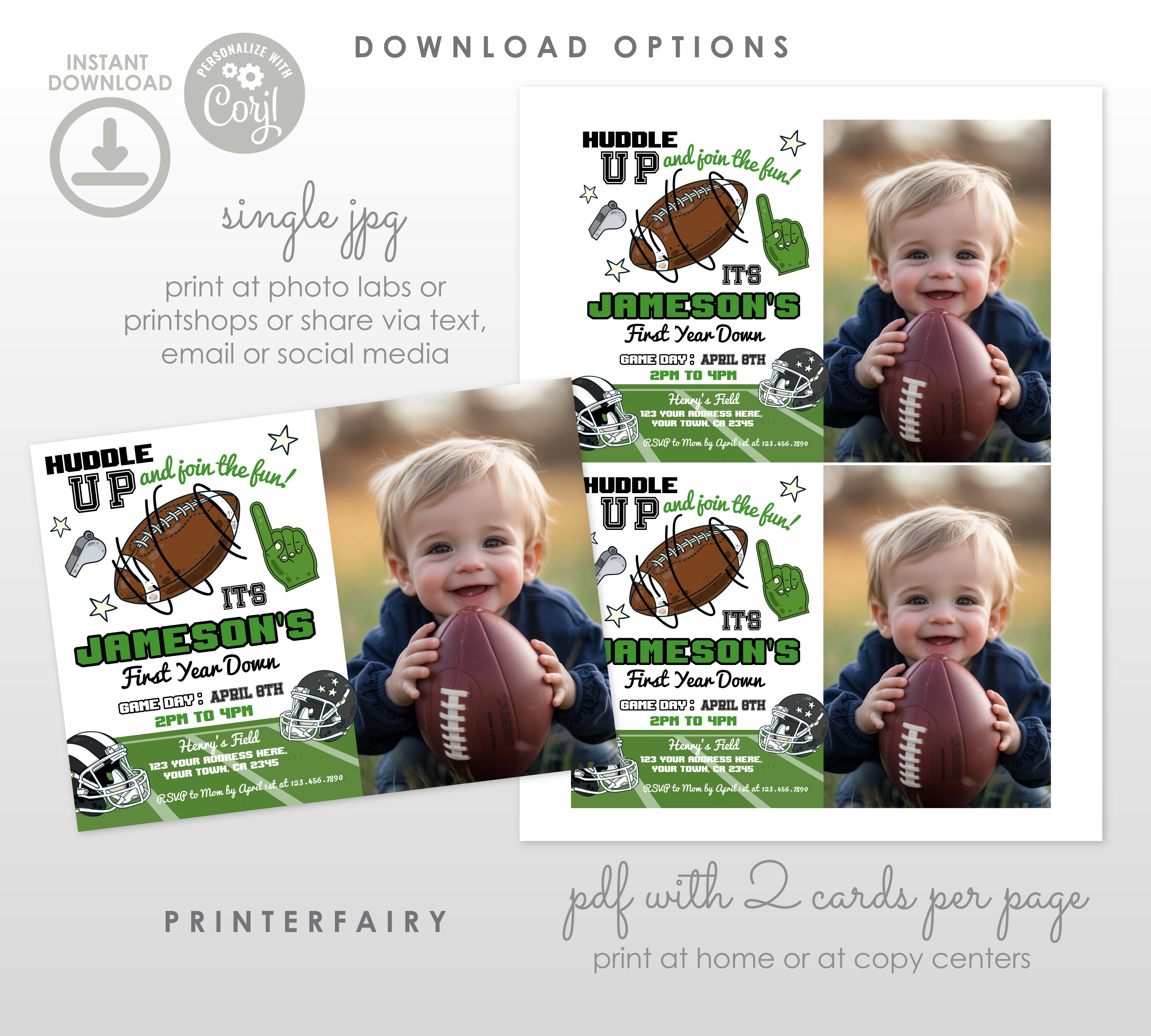 Football First Birthday Invitation With Photo