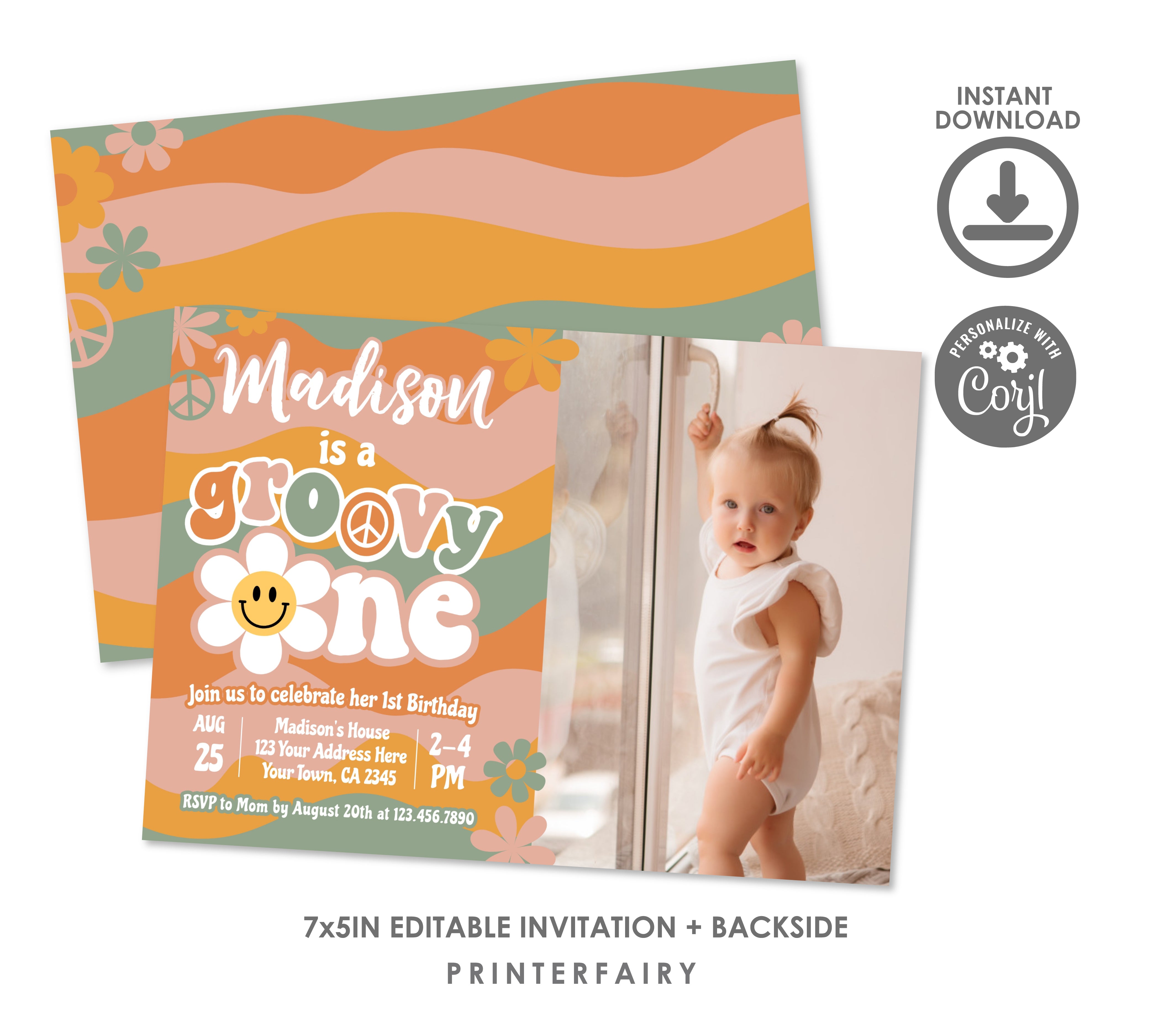 Groovy One First Birthday Invitation with Photo