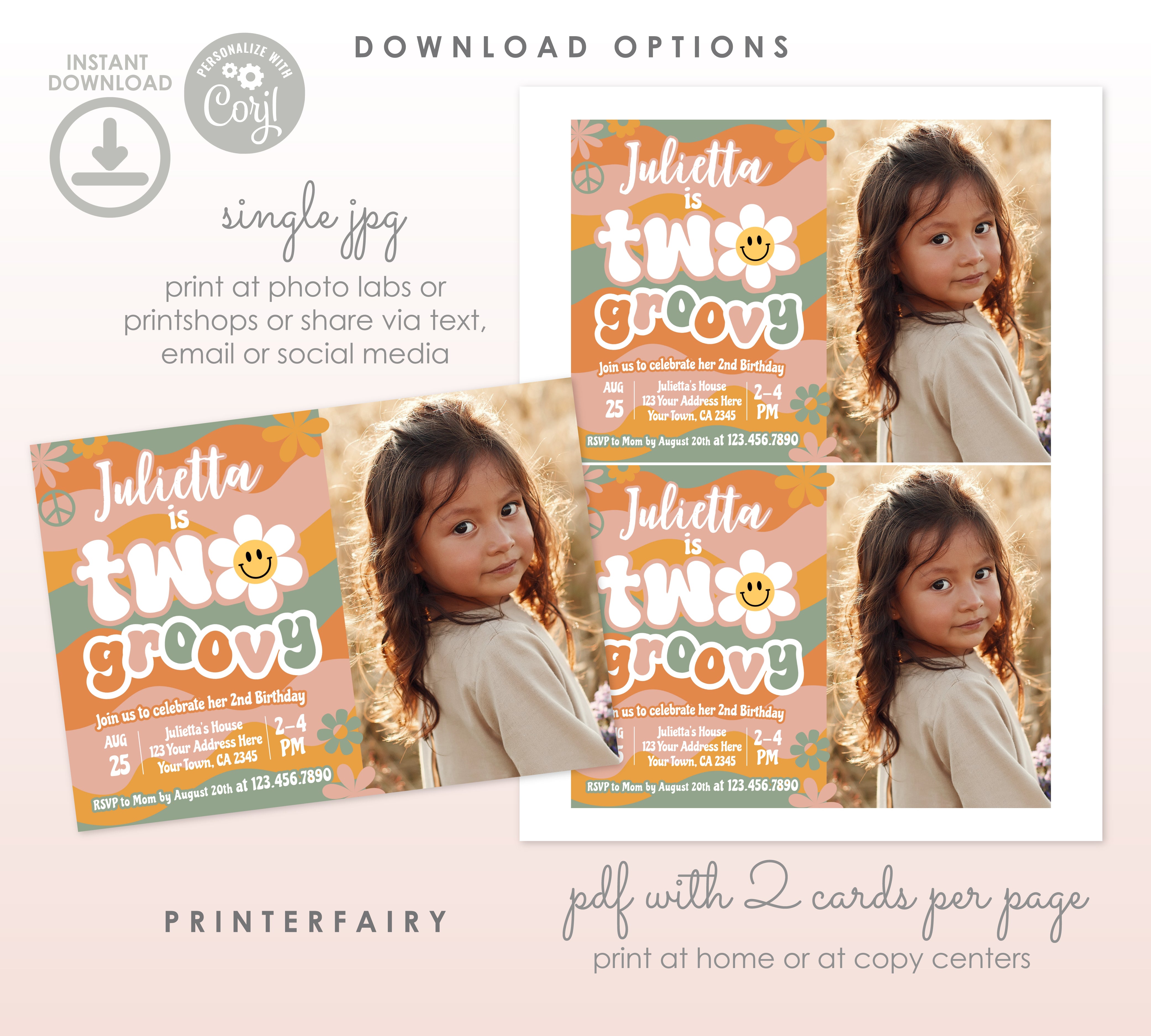 Groovy 2nd Birthday Invitation with Photo